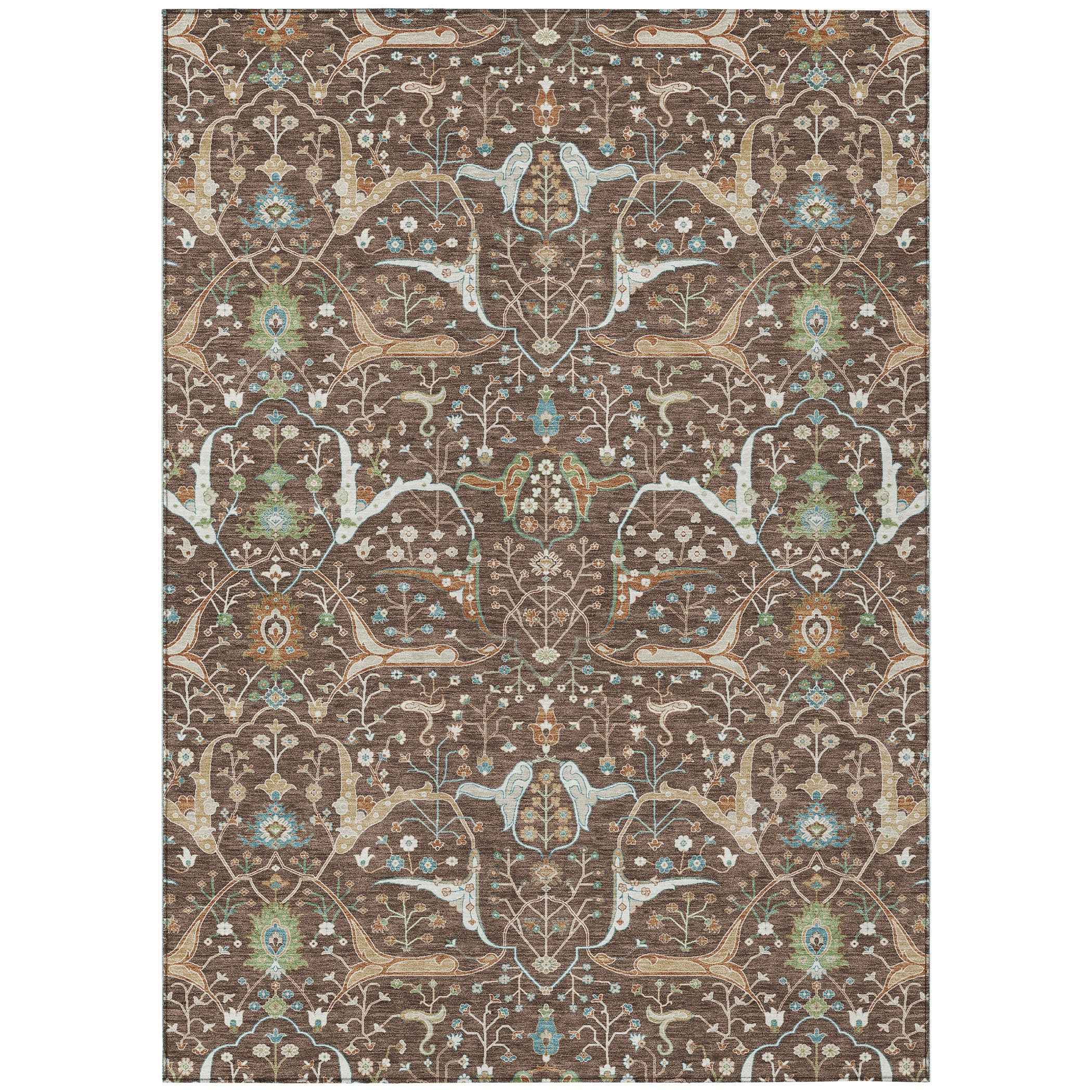 5' X 8' Brown Green And Ivory Floral Washable Indoor Outdoor Area Rug
