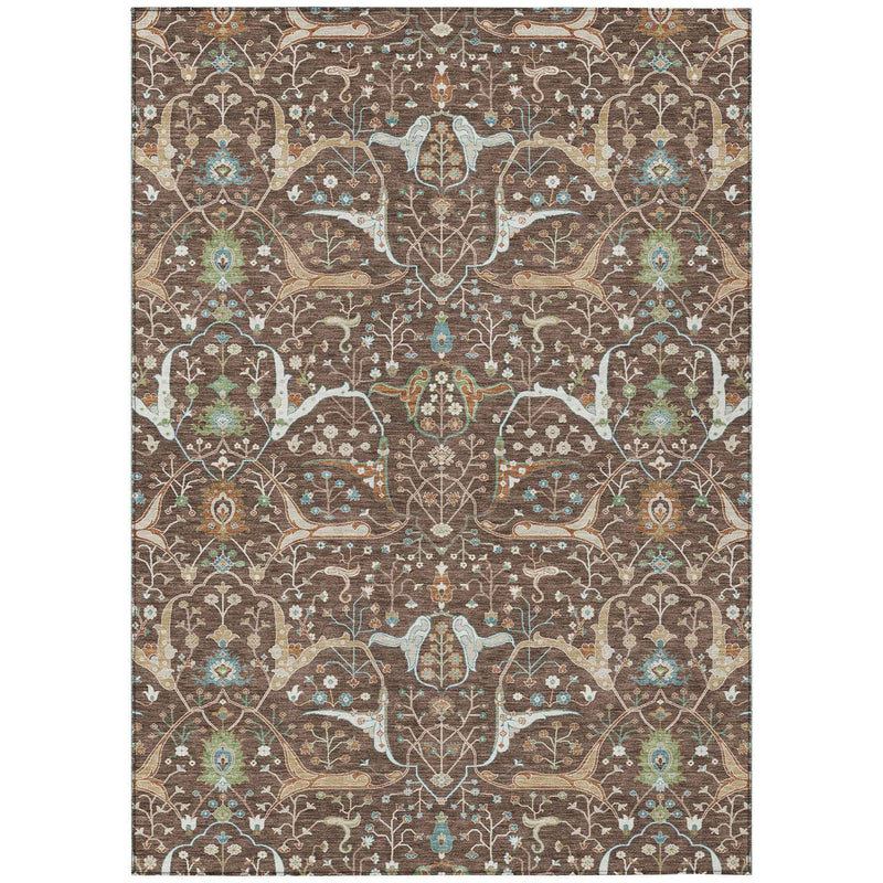 5' X 8' Brown Green And Ivory Floral Washable Indoor Outdoor Area Rug