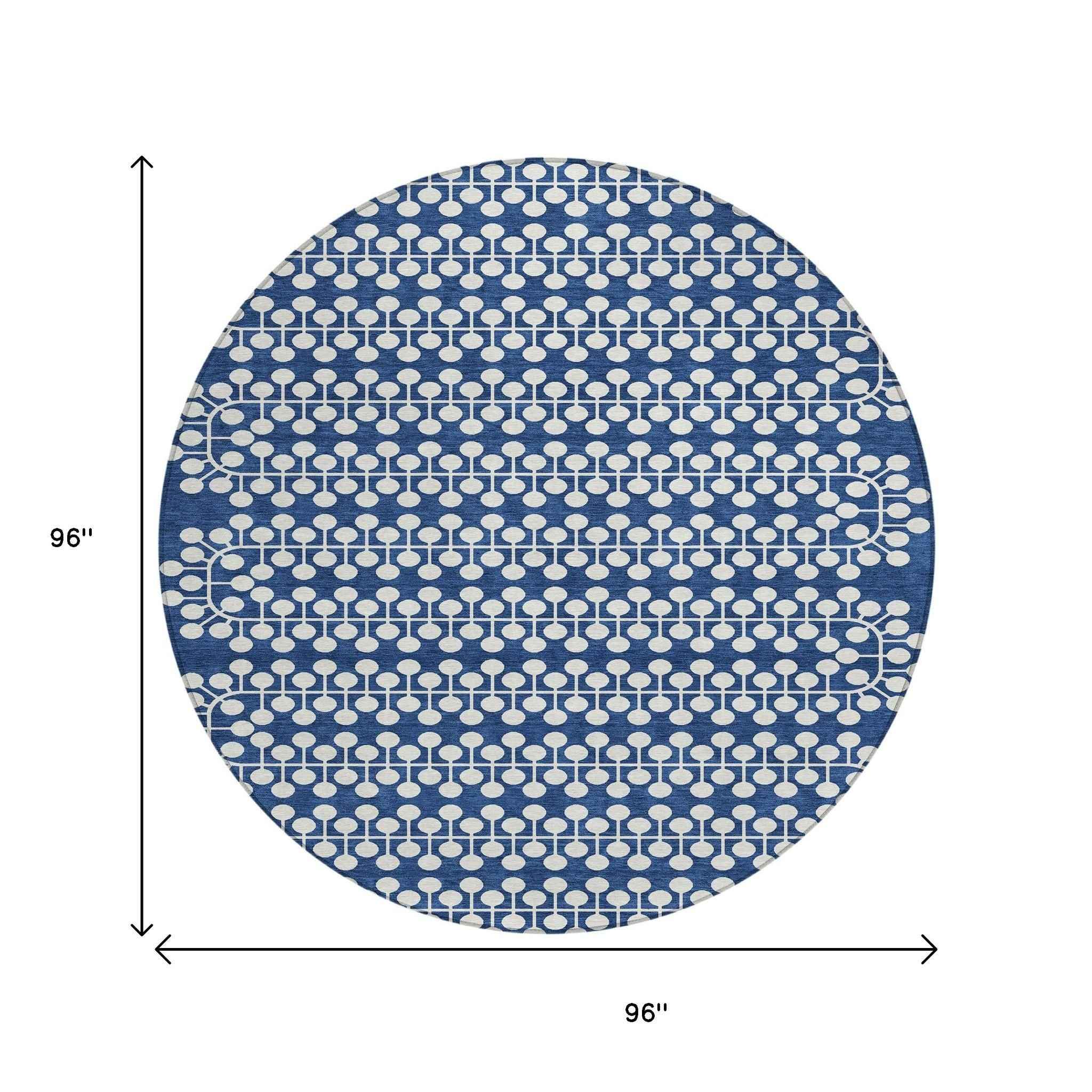 8' Navy Blue And Ivory Round Geometric Washable Indoor Outdoor Area Rug