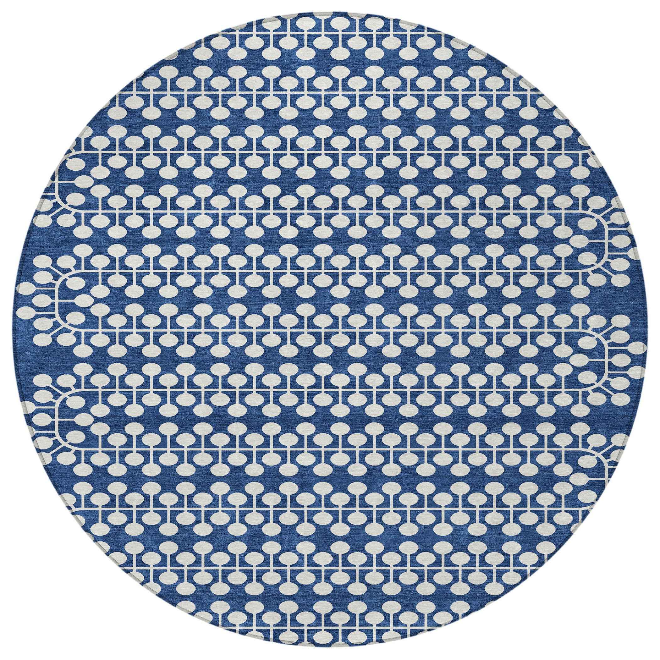 8' Navy Blue And Ivory Round Geometric Washable Indoor Outdoor Area Rug