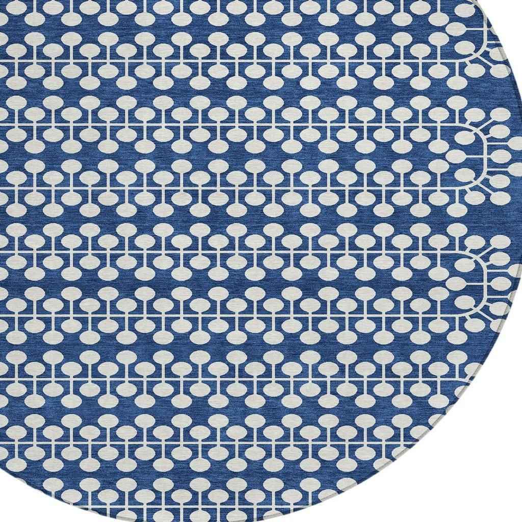 8' Navy Blue And Ivory Round Geometric Washable Indoor Outdoor Area Rug