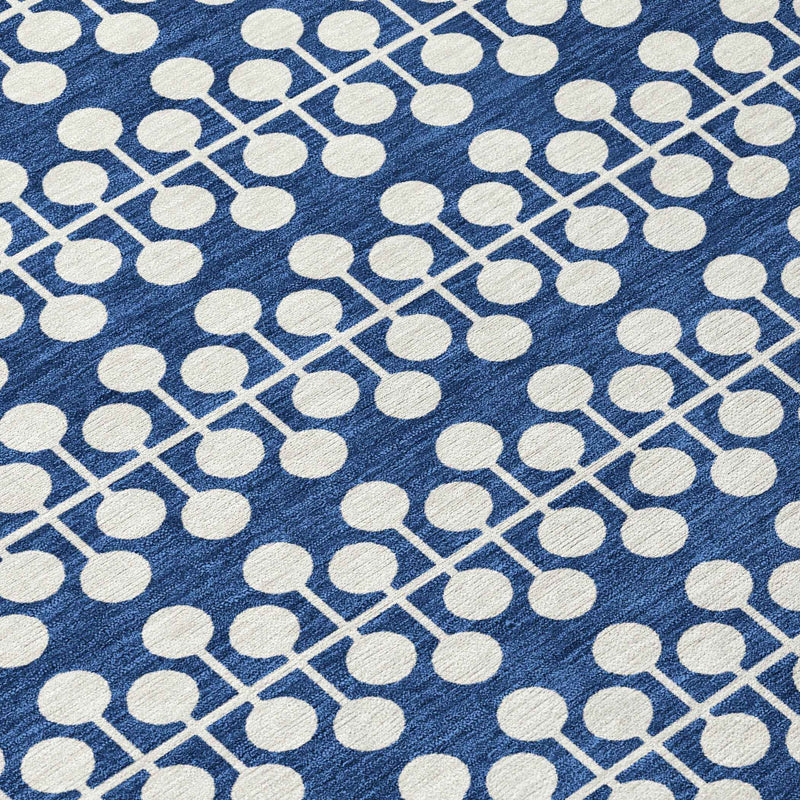 8' Navy Blue And Ivory Round Geometric Washable Indoor Outdoor Area Rug