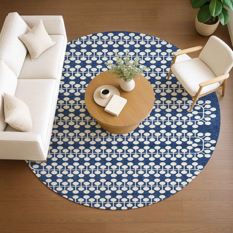 8' Navy Blue And Ivory Round Geometric Washable Indoor Outdoor Area Rug