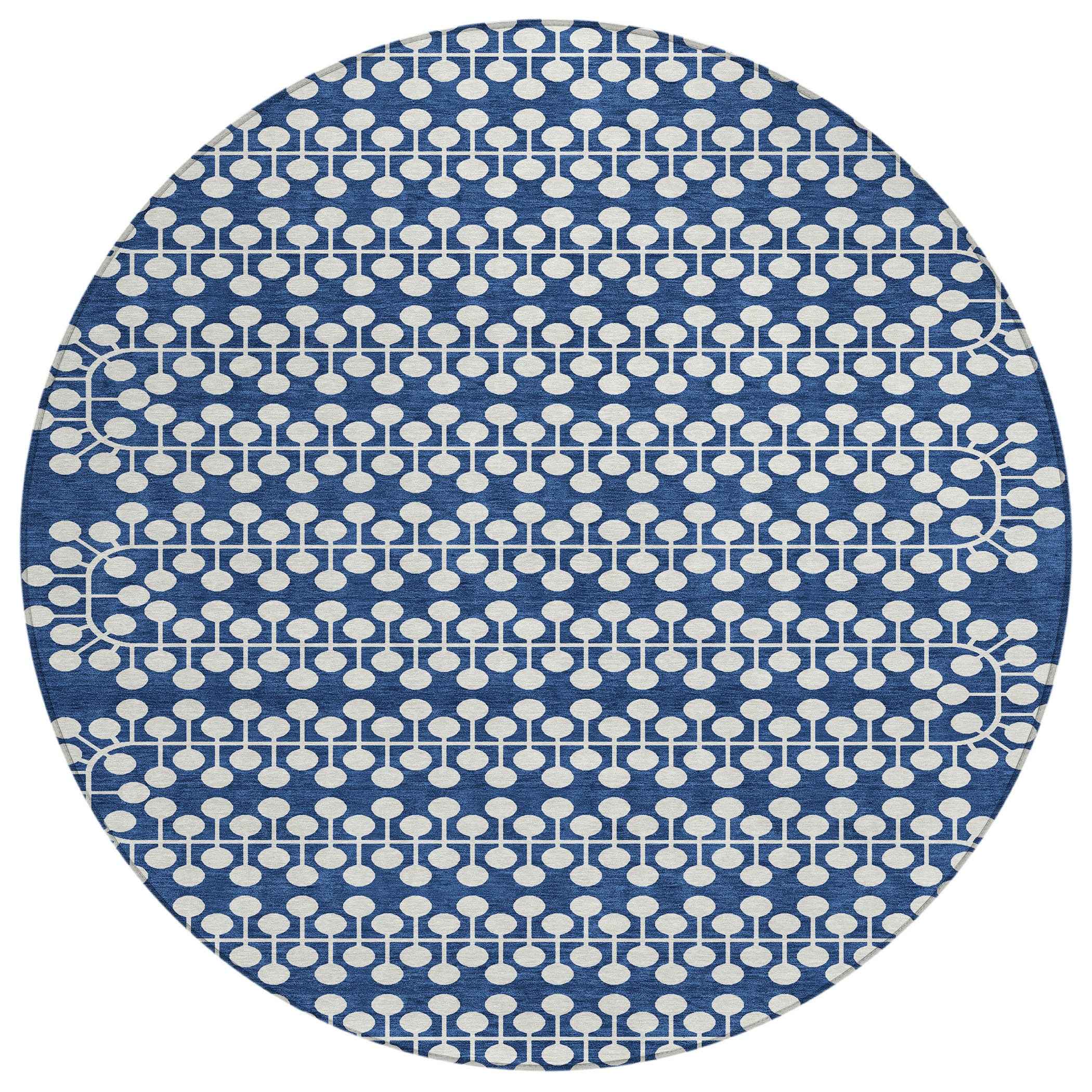 8' Navy Blue And Ivory Round Geometric Washable Indoor Outdoor Area Rug