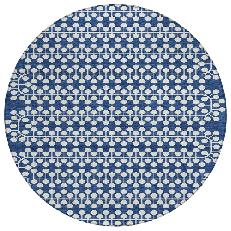 8' Navy Blue And Ivory Round Geometric Washable Indoor Outdoor Area Rug