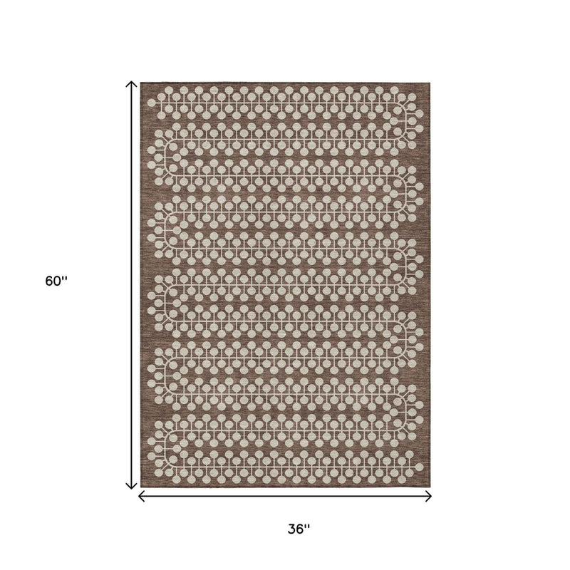 3' X 5' Brown And Ivory Geometric Washable Indoor Outdoor Area Rug
