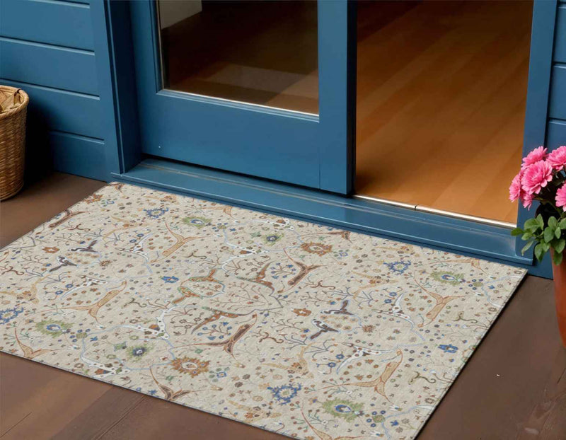3' X 5' Beige Green And Blue Floral Washable Indoor Outdoor Area Rug