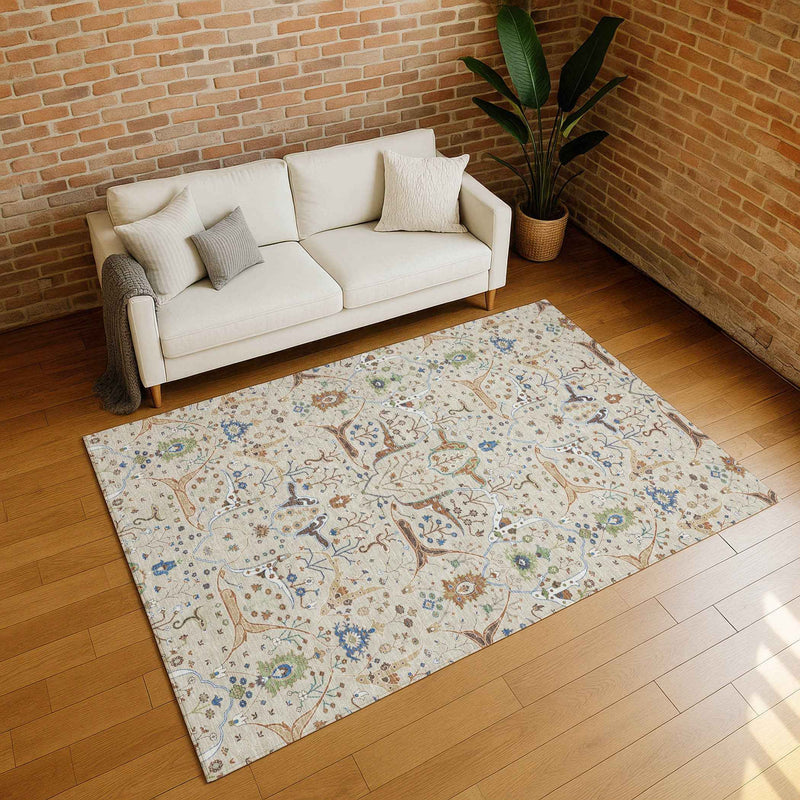 3' X 5' Beige Green And Blue Floral Washable Indoor Outdoor Area Rug