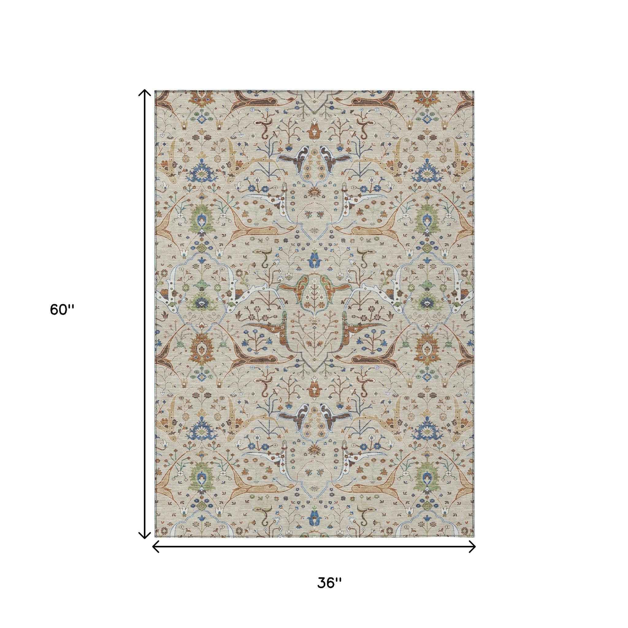 3' X 5' Beige Green And Blue Floral Washable Indoor Outdoor Area Rug
