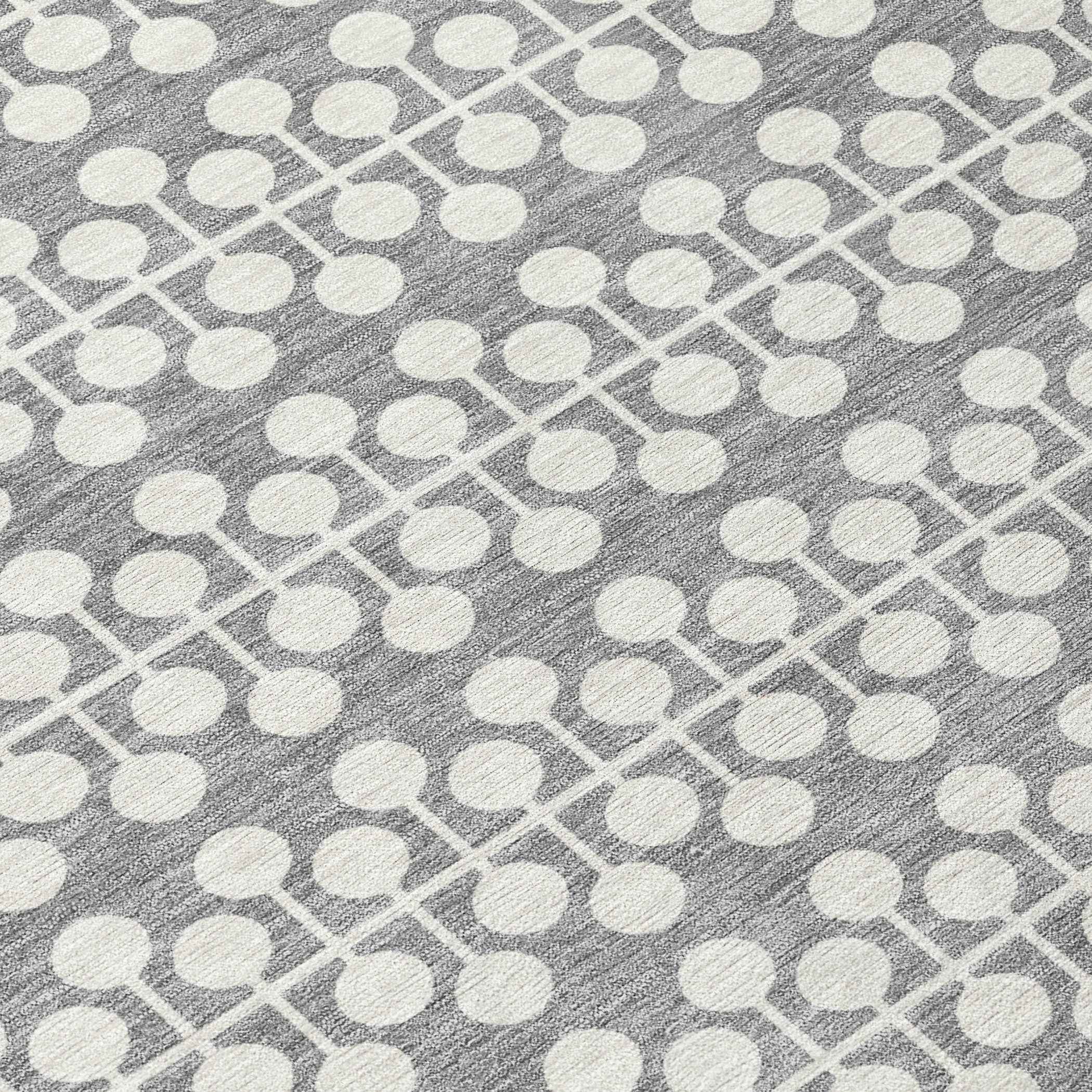 8' Gray And Ivory Round Geometric Washable Indoor Outdoor Area Rug