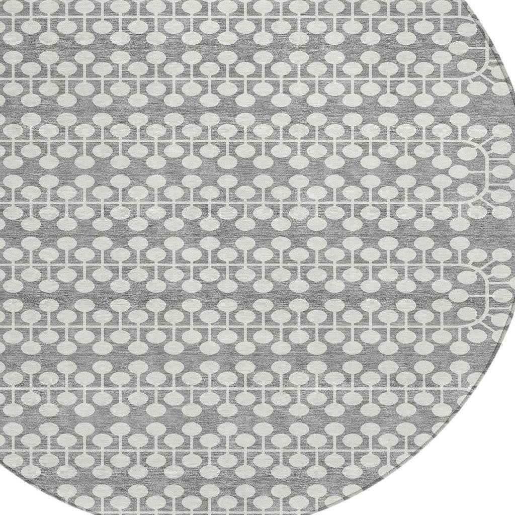 8' Gray And Ivory Round Geometric Washable Indoor Outdoor Area Rug