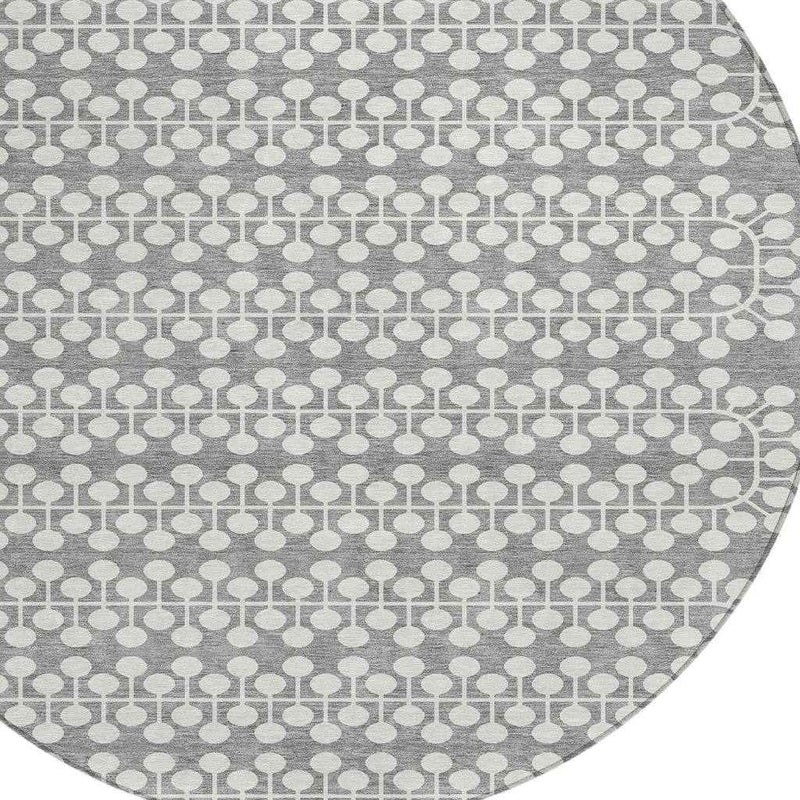 8' Gray And Ivory Round Geometric Washable Indoor Outdoor Area Rug