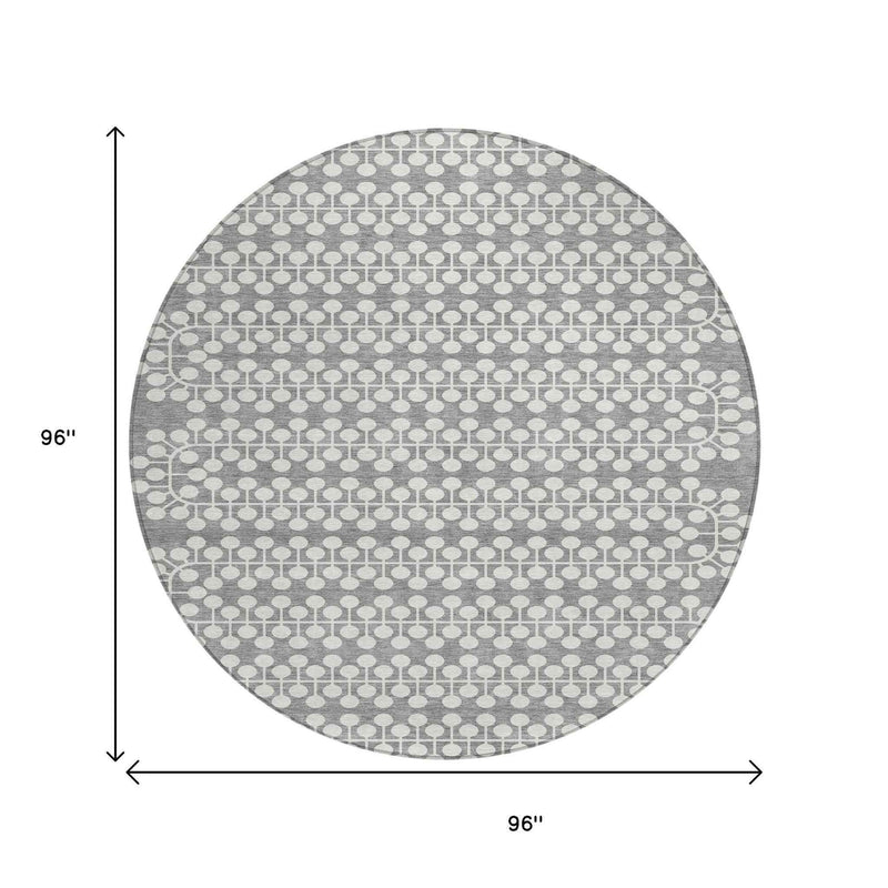 8' Gray And Ivory Round Geometric Washable Indoor Outdoor Area Rug