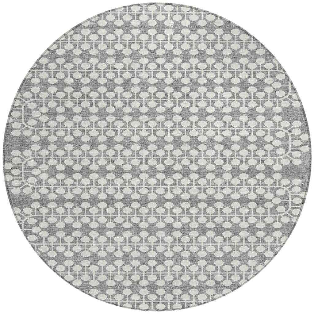 8' Gray And Ivory Round Geometric Washable Indoor Outdoor Area Rug