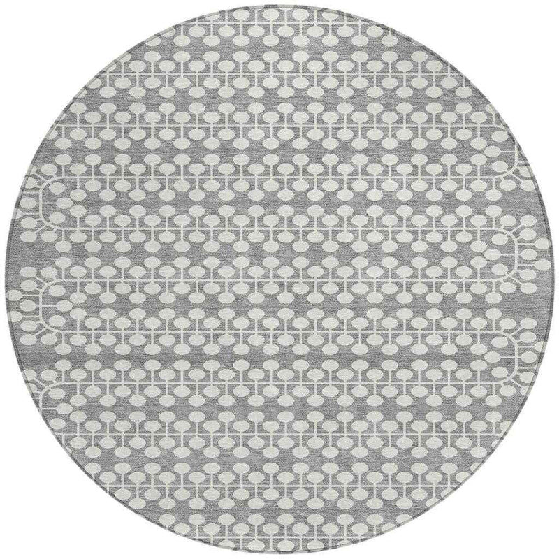 8' Gray And Ivory Round Geometric Washable Indoor Outdoor Area Rug