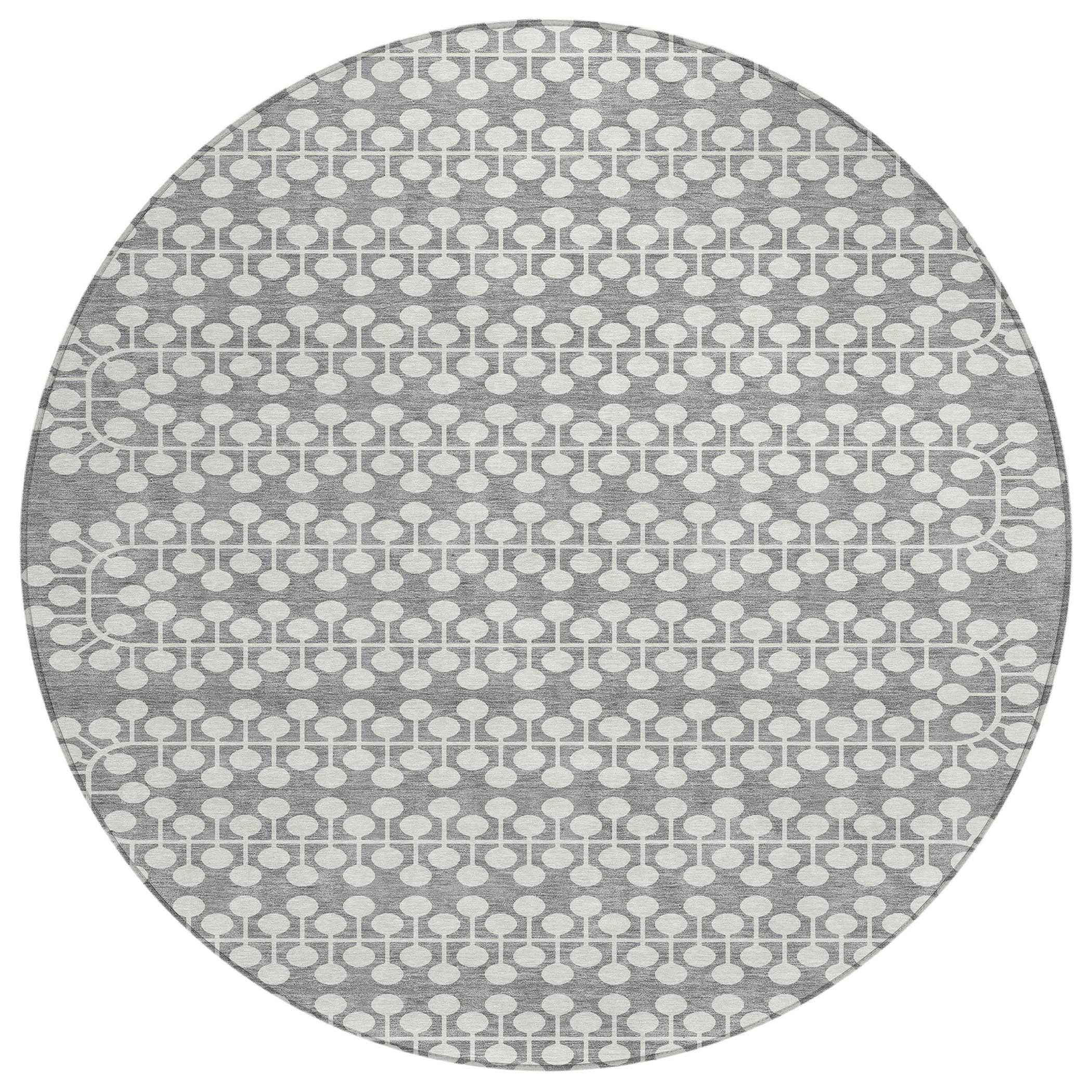 8' Gray And Ivory Round Geometric Washable Indoor Outdoor Area Rug