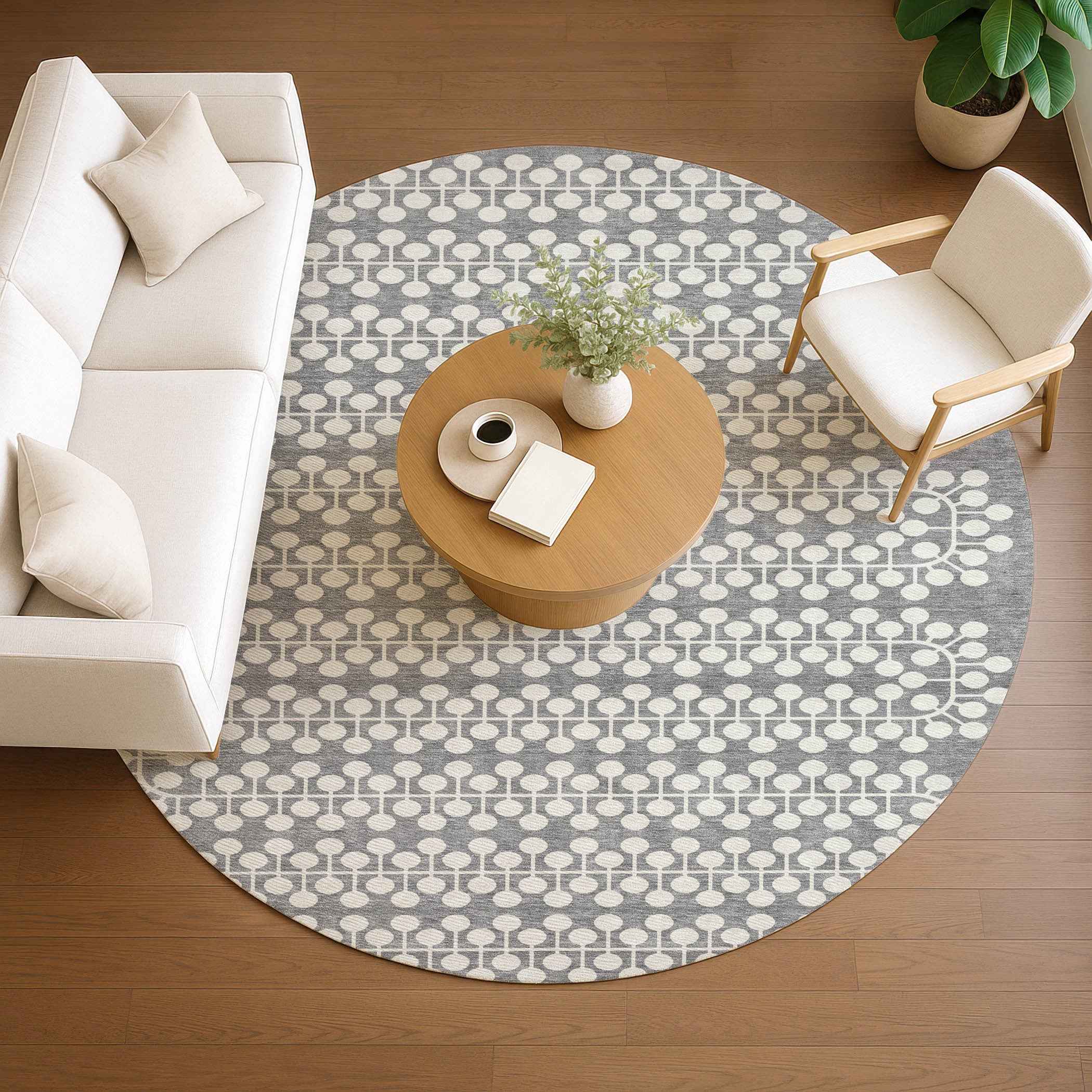 8' Gray And Ivory Round Geometric Washable Indoor Outdoor Area Rug