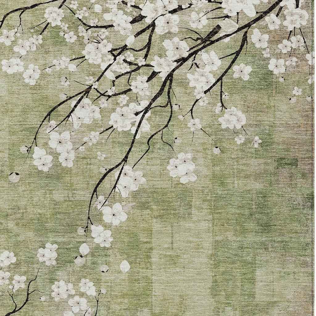 8' X 10' Artichoke Green Ivory And Charcoal Floral Washable Indoor Outdoor Area Rug