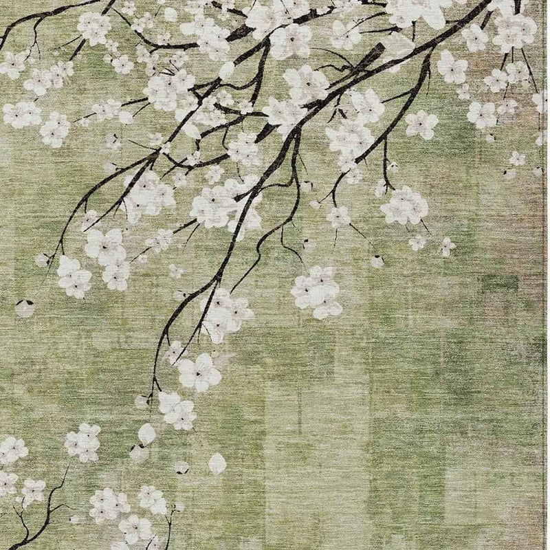 8' X 10' Artichoke Green Ivory And Charcoal Floral Washable Indoor Outdoor Area Rug