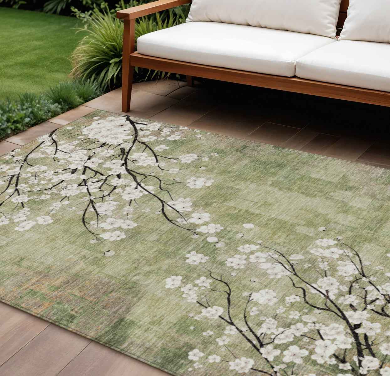 8' X 10' Artichoke Green Ivory And Charcoal Floral Washable Indoor Outdoor Area Rug