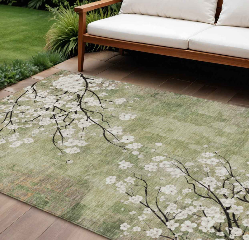 8' X 10' Artichoke Green Ivory And Charcoal Floral Washable Indoor Outdoor Area Rug