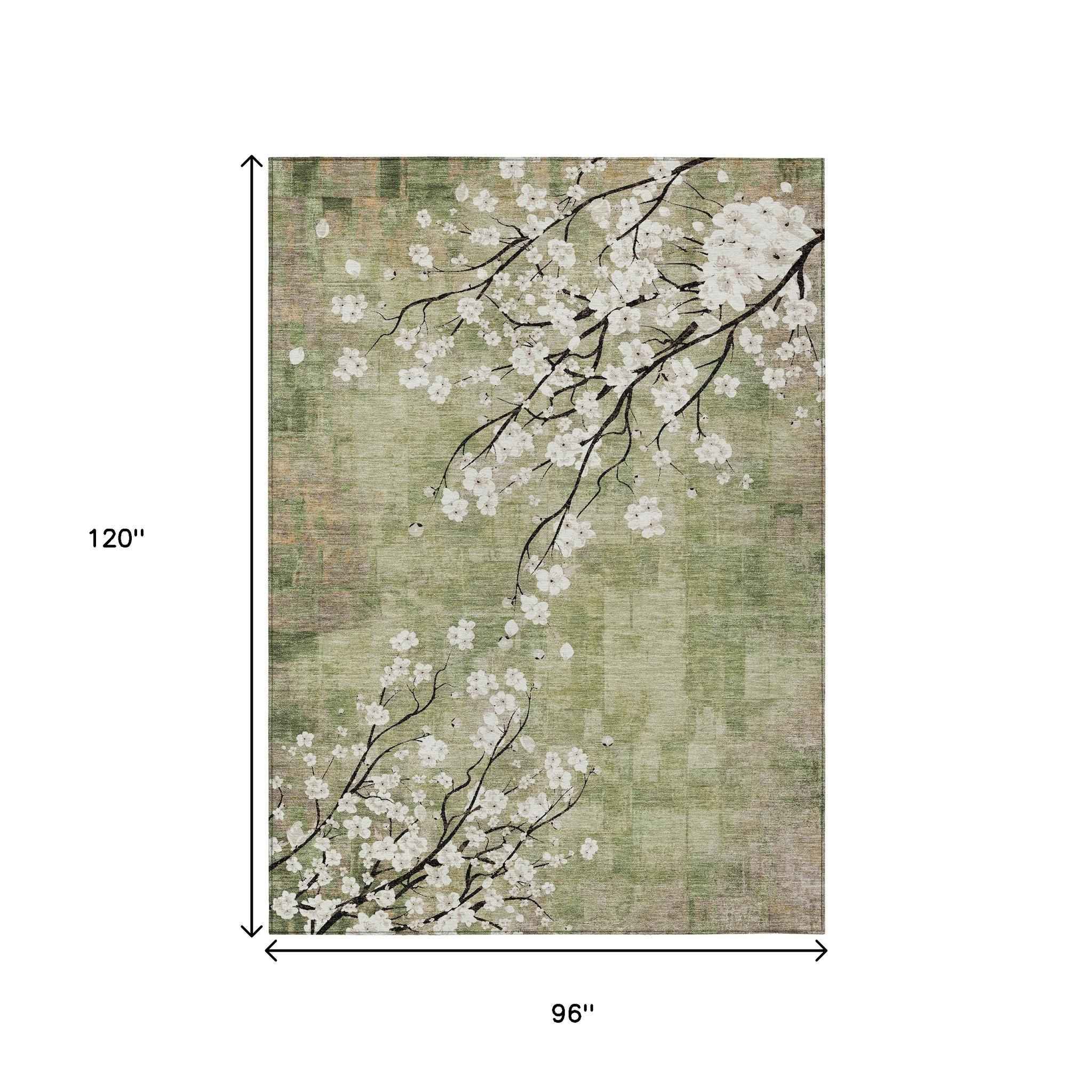 8' X 10' Artichoke Green Ivory And Charcoal Floral Washable Indoor Outdoor Area Rug