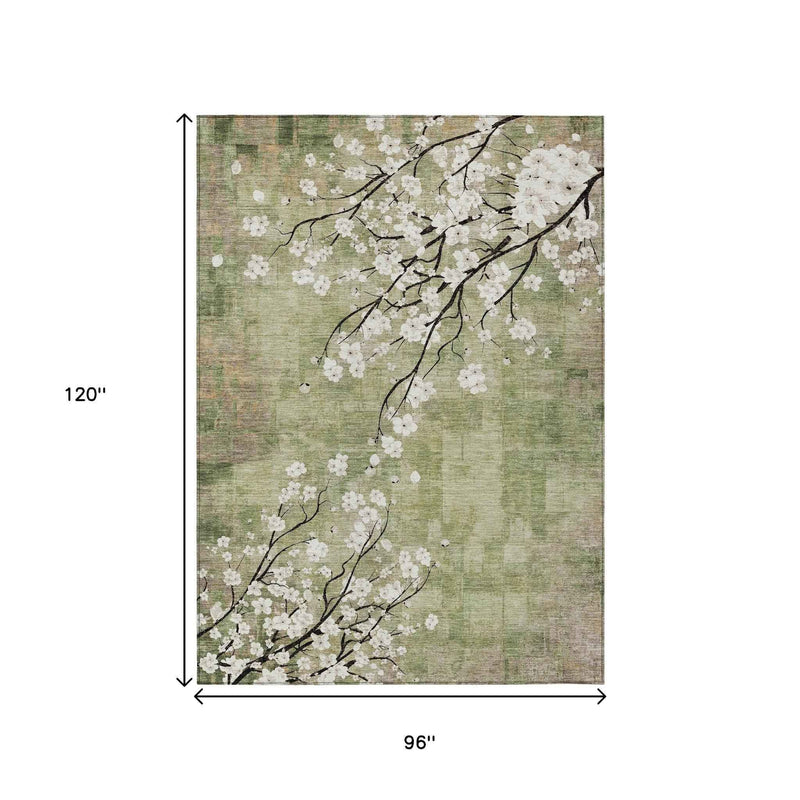 8' X 10' Artichoke Green Ivory And Charcoal Floral Washable Indoor Outdoor Area Rug