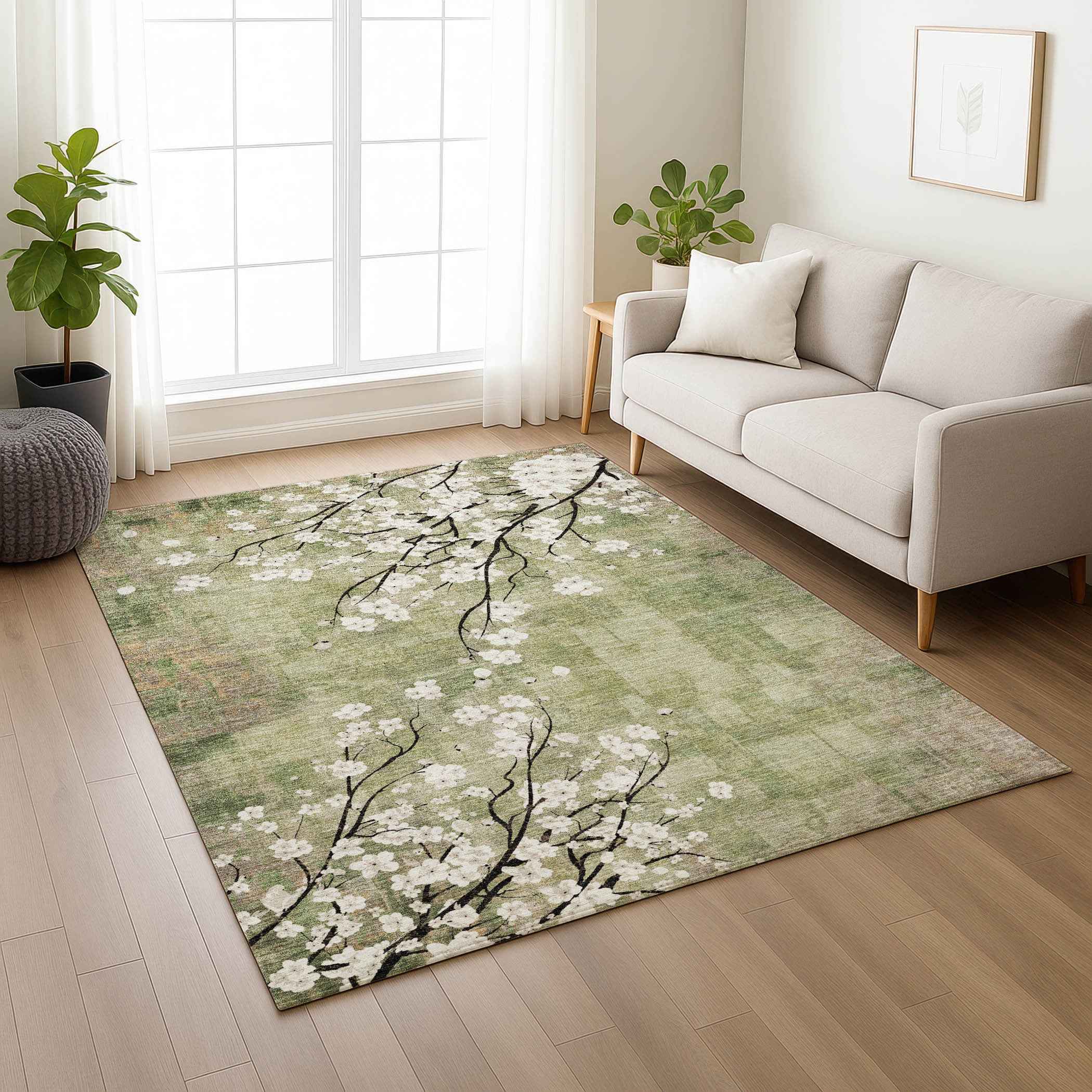 8' X 10' Artichoke Green Ivory And Charcoal Floral Washable Indoor Outdoor Area Rug