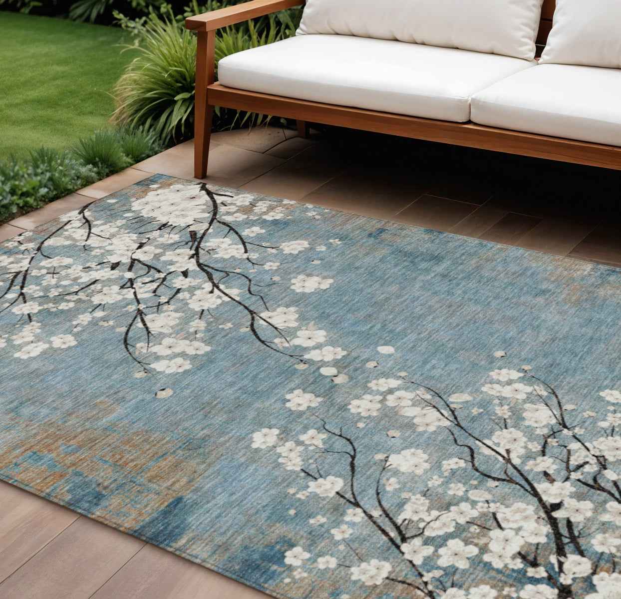 10' X 14' Denim Blue Ivory And Taupe Floral Washable Indoor Outdoor Area Rug
