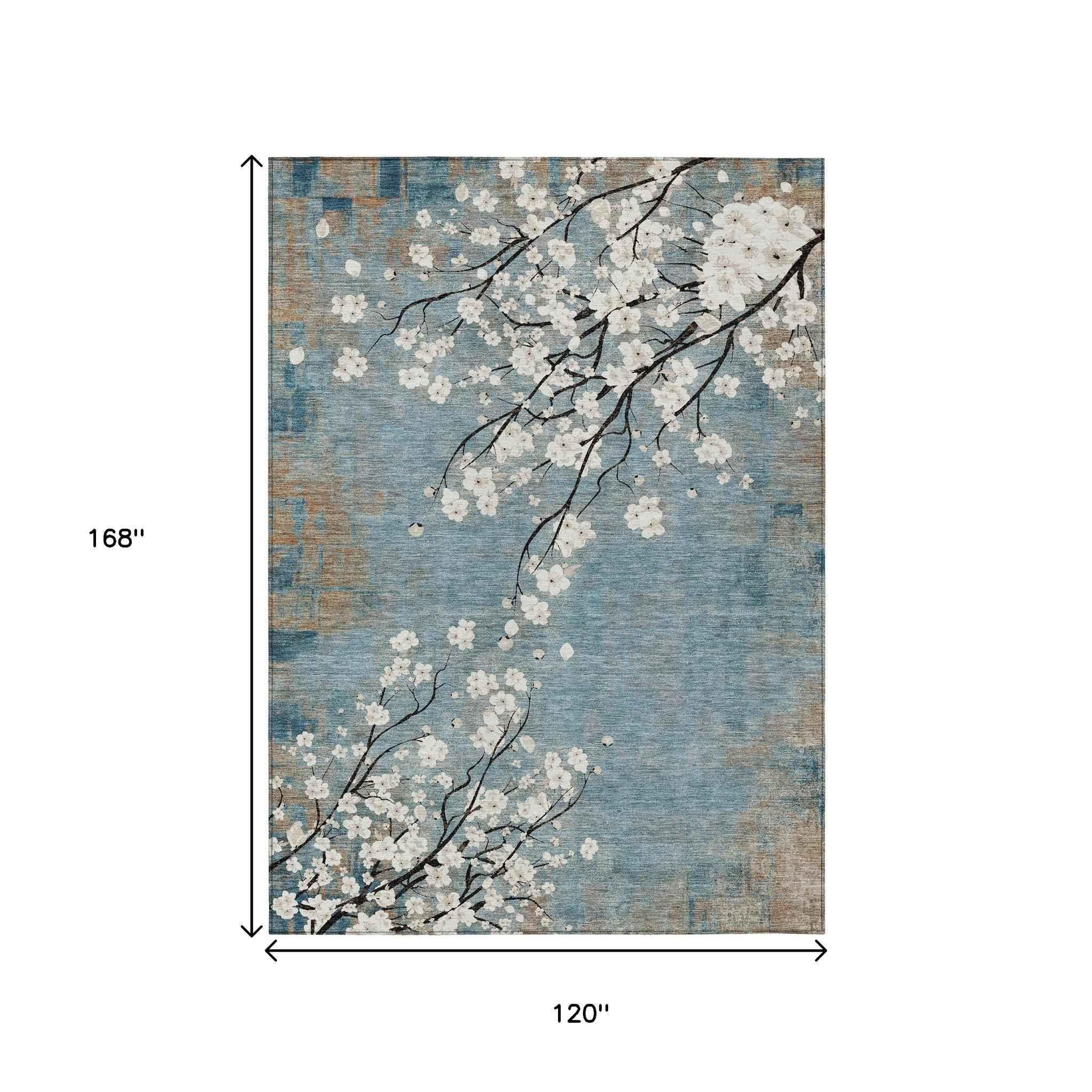 10' X 14' Denim Blue Ivory And Taupe Floral Washable Indoor Outdoor Area Rug