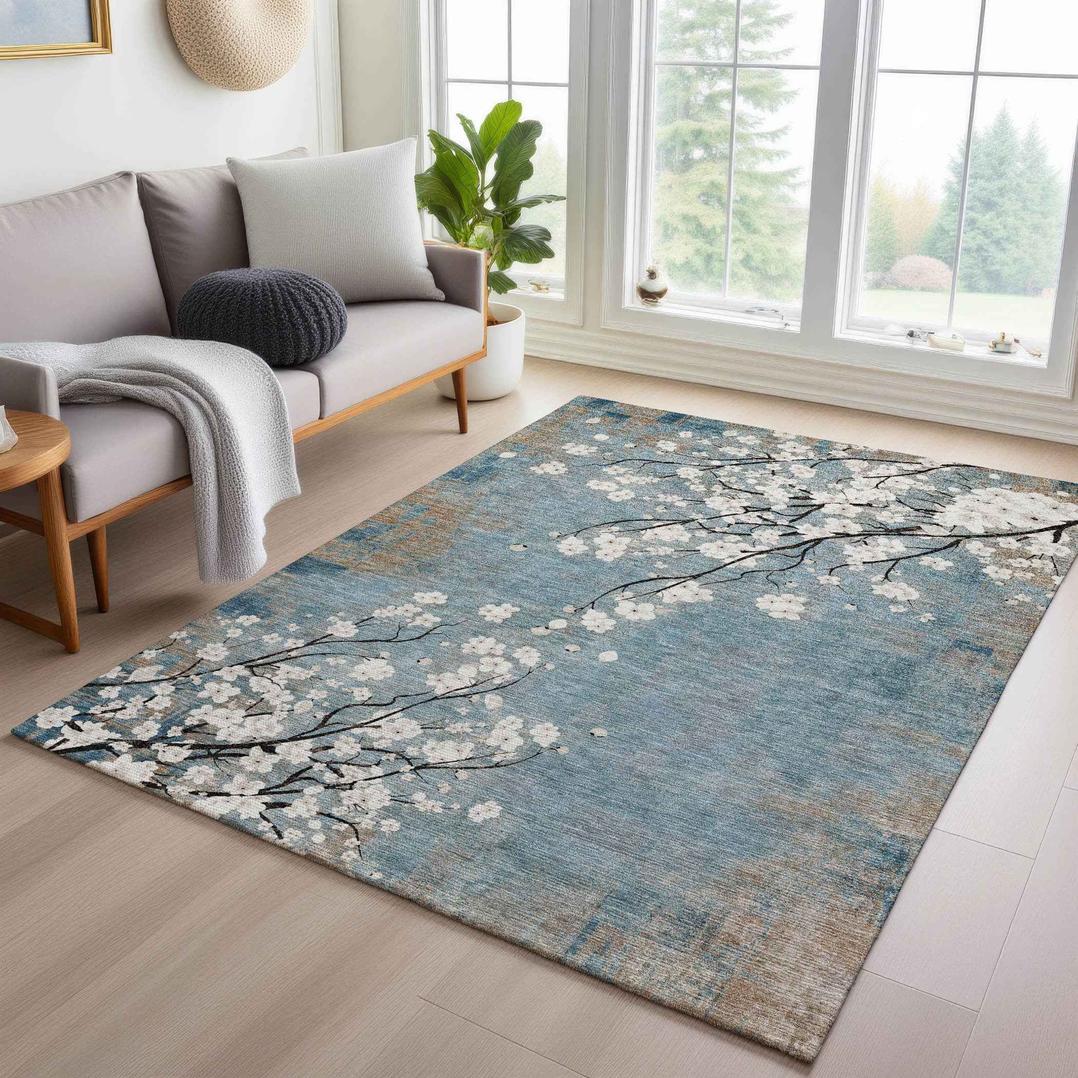 10' X 14' Denim Blue Ivory And Taupe Floral Washable Indoor Outdoor Area Rug