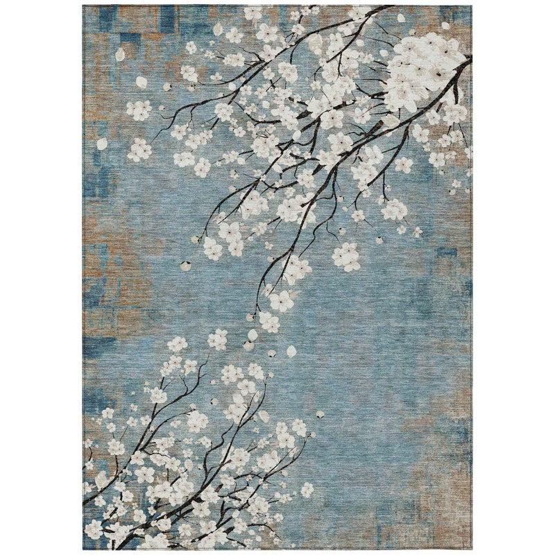 10' X 14' Denim Blue Ivory And Taupe Floral Washable Indoor Outdoor Area Rug