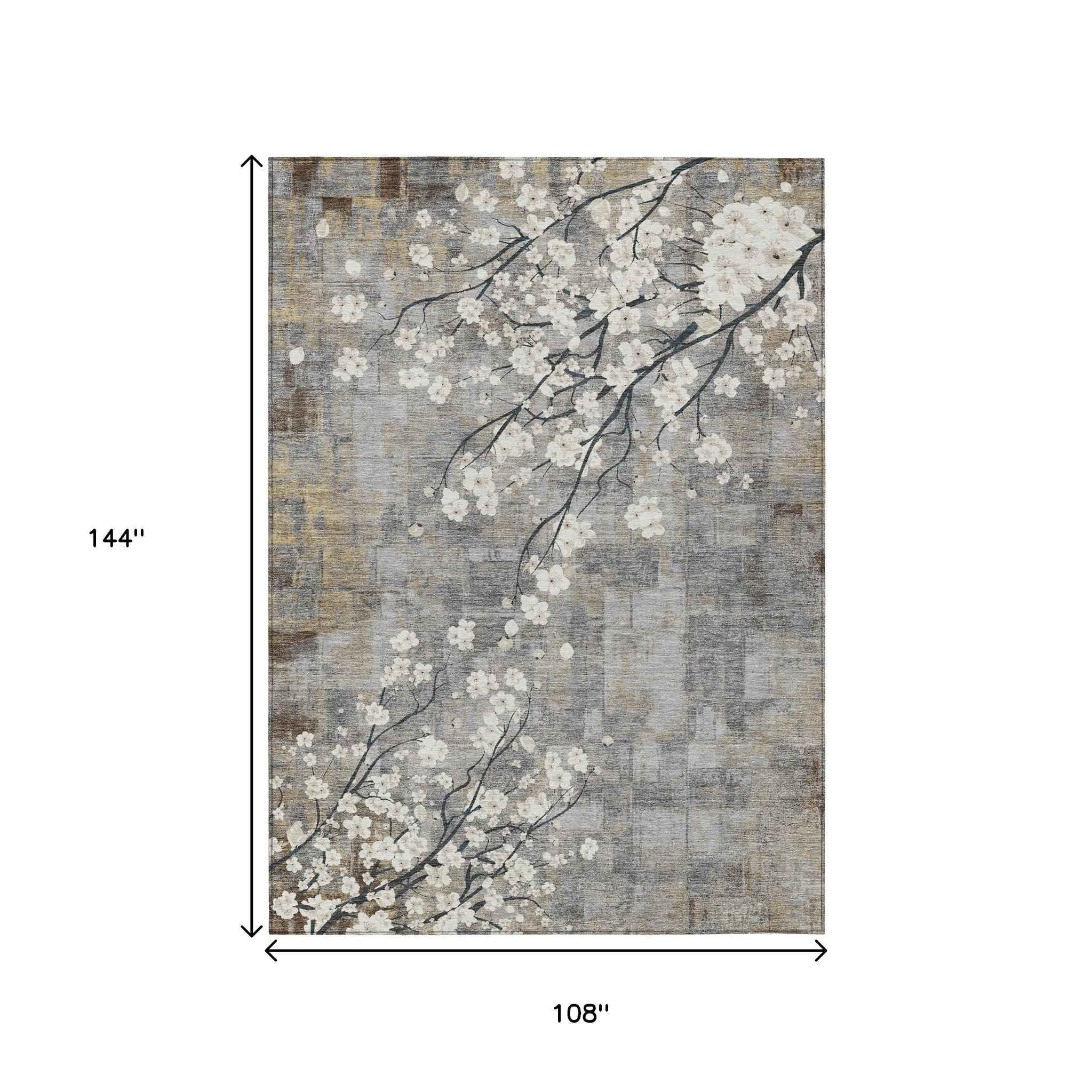 9' X 12' Gray Ivory And Silver Floral Washable Indoor Outdoor Area Rug