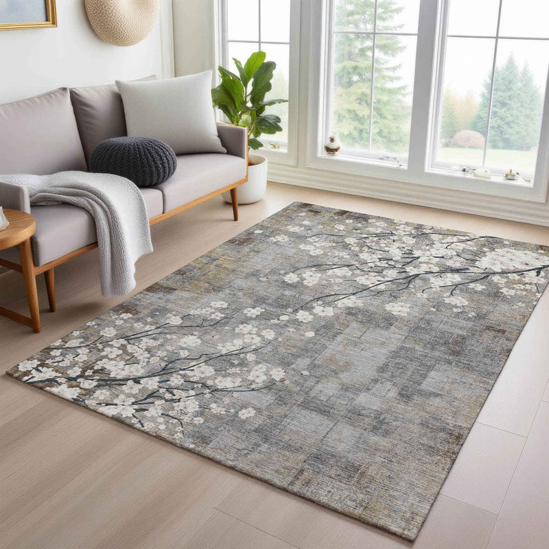 9' X 12' Gray Ivory And Silver Floral Washable Indoor Outdoor Area Rug