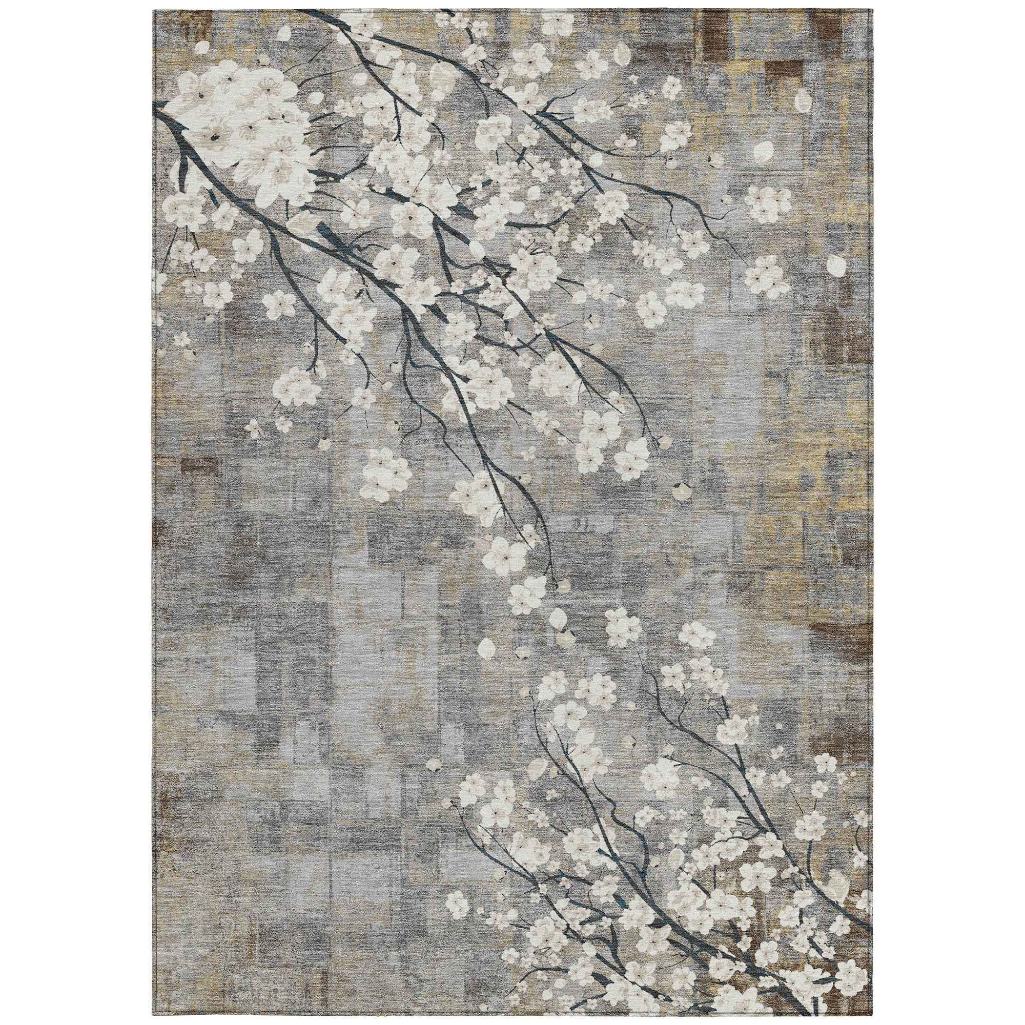 9' X 12' Gray Ivory And Silver Floral Washable Indoor Outdoor Area Rug
