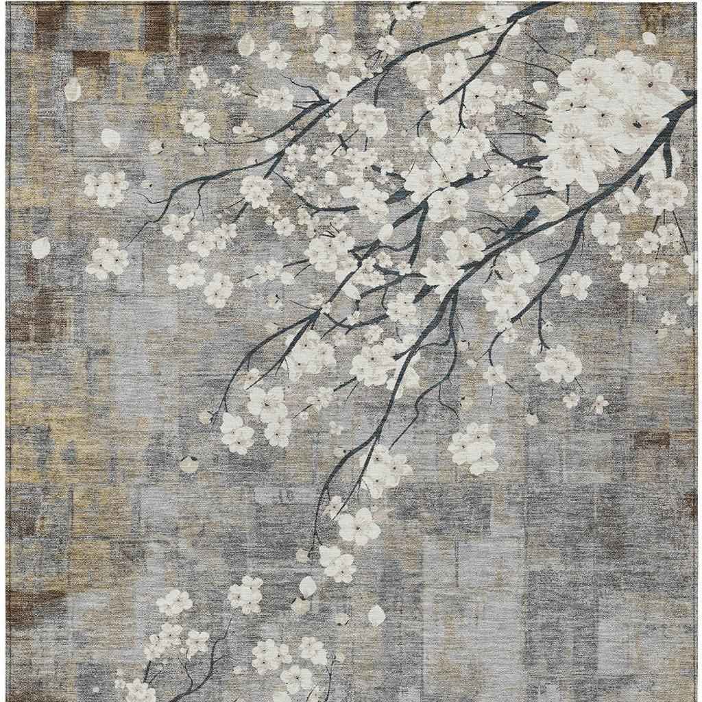9' X 12' Gray Ivory And Silver Floral Washable Indoor Outdoor Area Rug