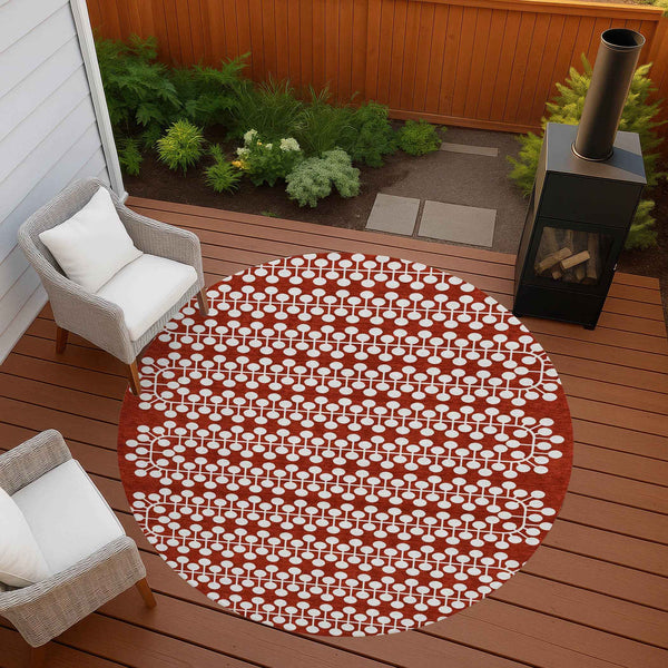 8' Red And Ivory Round Geometric Washable Indoor Outdoor Area Rug