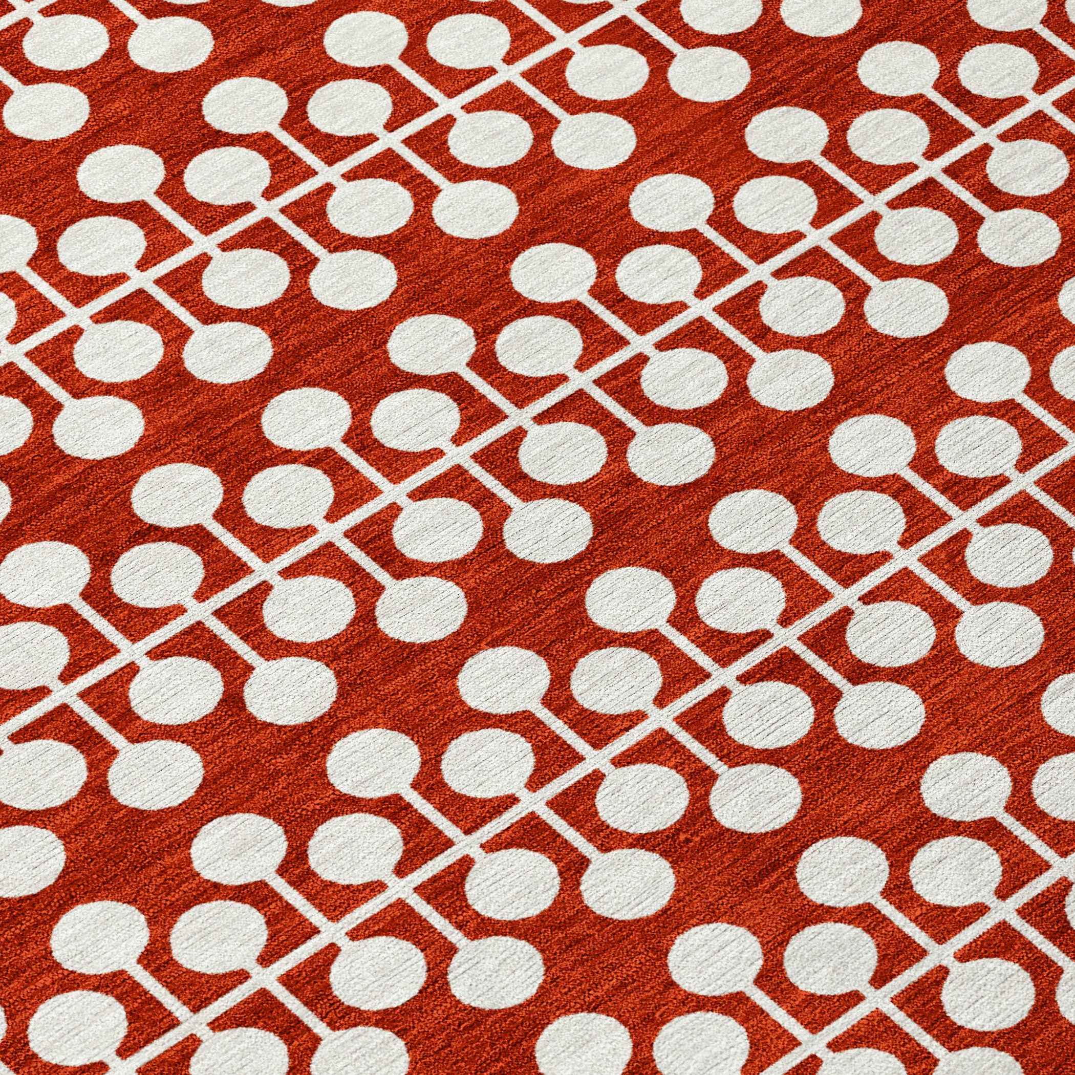 8' Red And Ivory Round Geometric Washable Indoor Outdoor Area Rug