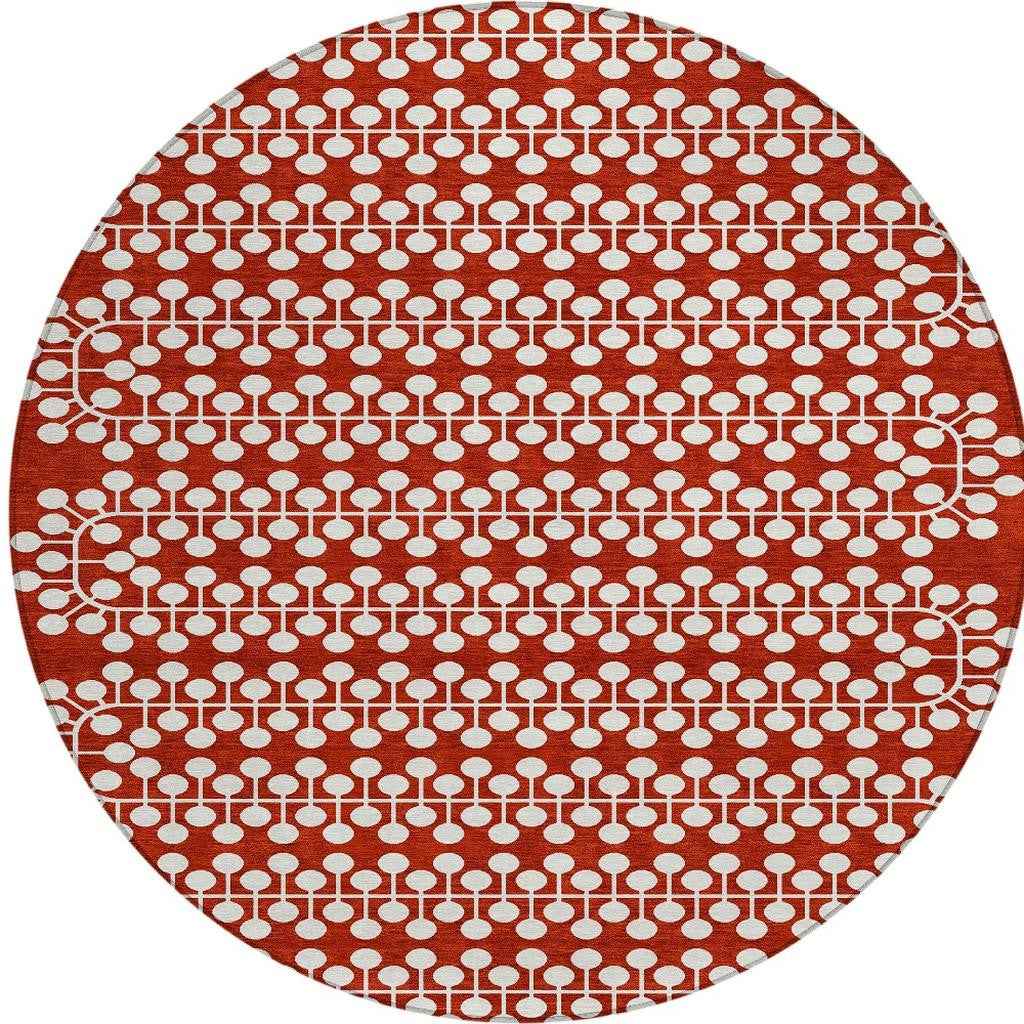 8' Red And Ivory Round Geometric Washable Indoor Outdoor Area Rug