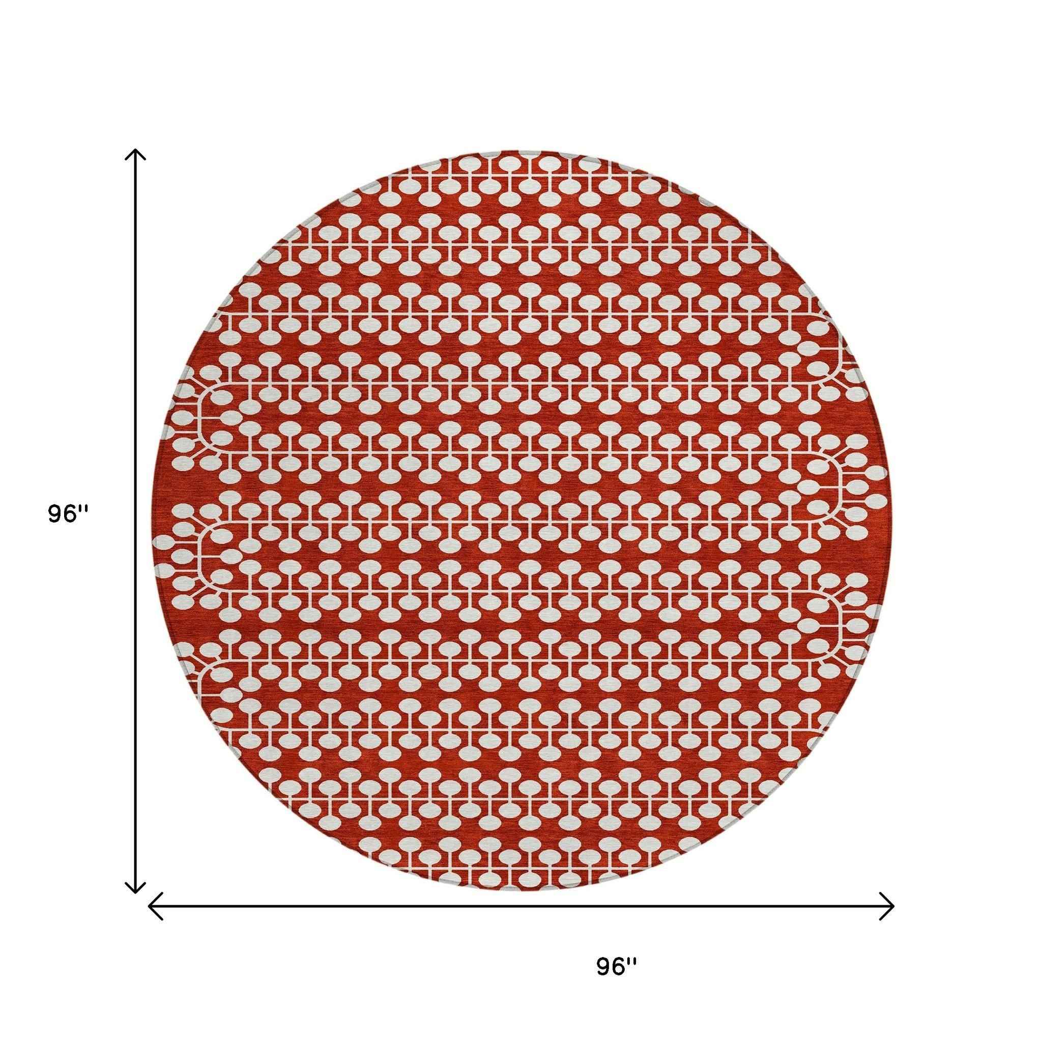 8' Red And Ivory Round Geometric Washable Indoor Outdoor Area Rug