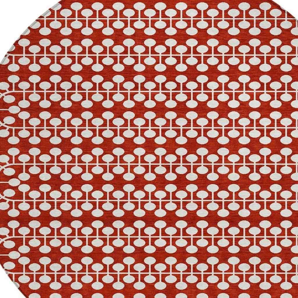 8' Red And Ivory Round Geometric Washable Indoor Outdoor Area Rug