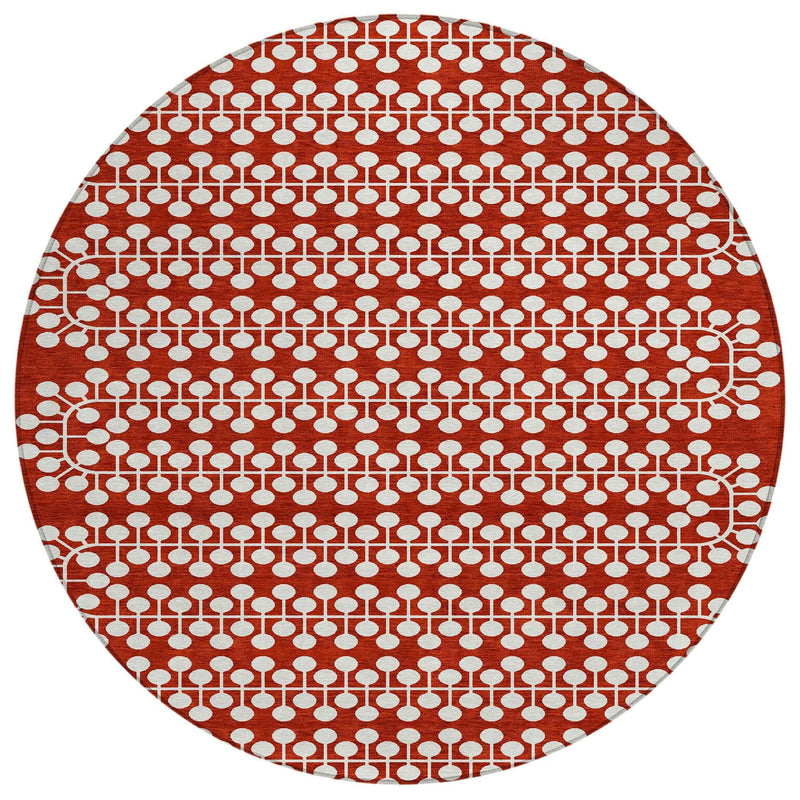 8' Red And Ivory Round Geometric Washable Indoor Outdoor Area Rug