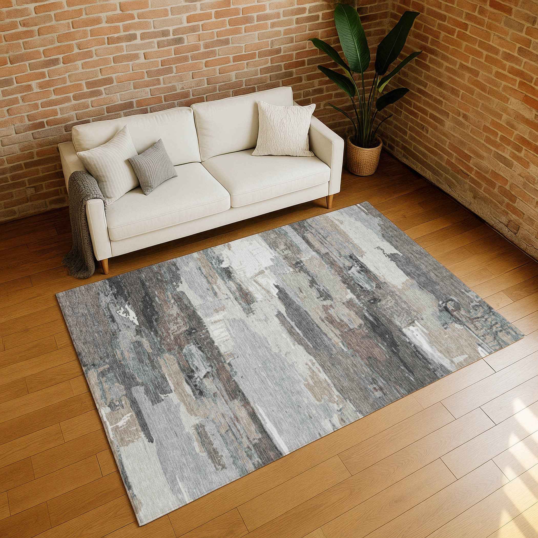 3' X 5' Taupe Gray And Silver Abstract Washable Indoor Outdoor Area Rug
