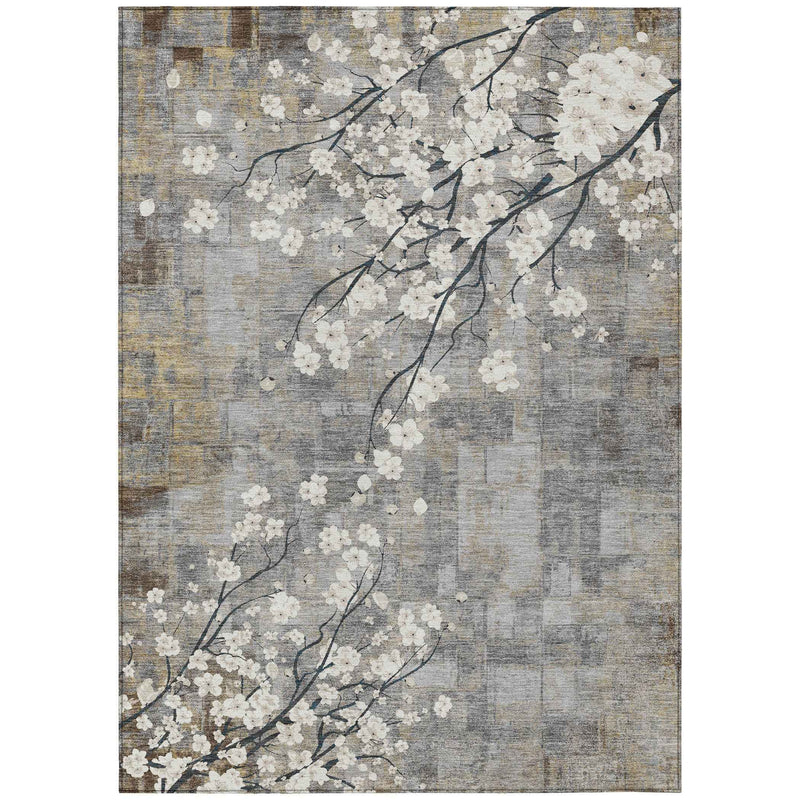 8' X 10' Gray Ivory And Silver Floral Washable Indoor Outdoor Area Rug