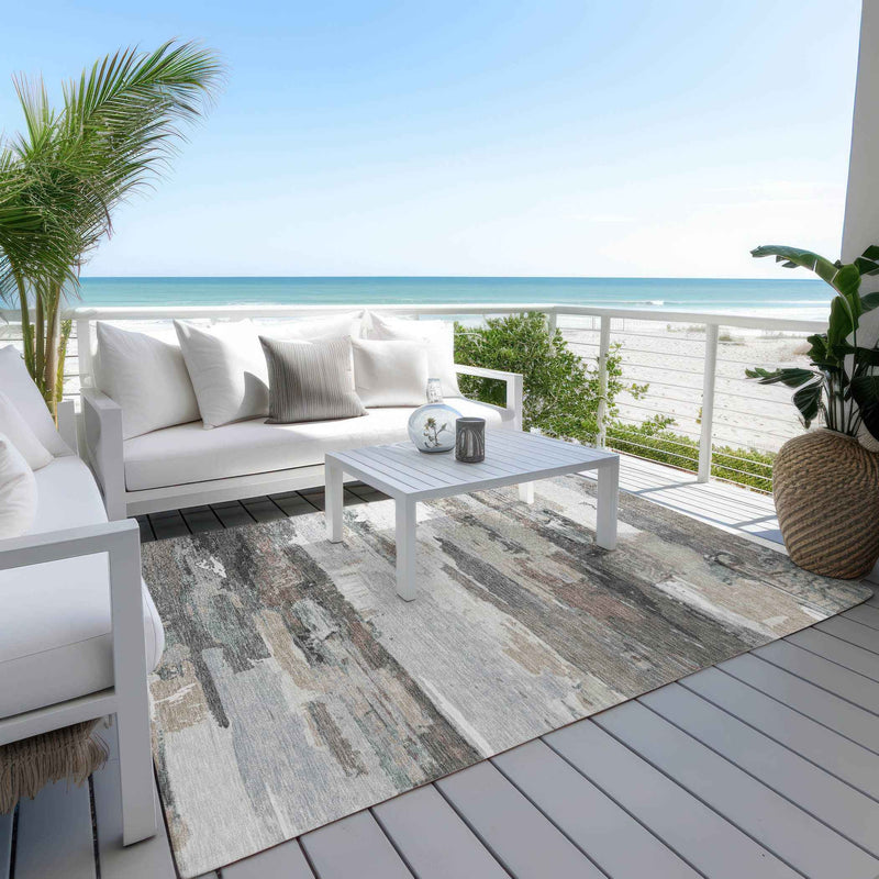 8' X 10' Taupe Gray And Silver Abstract Washable Indoor Outdoor Area Rug