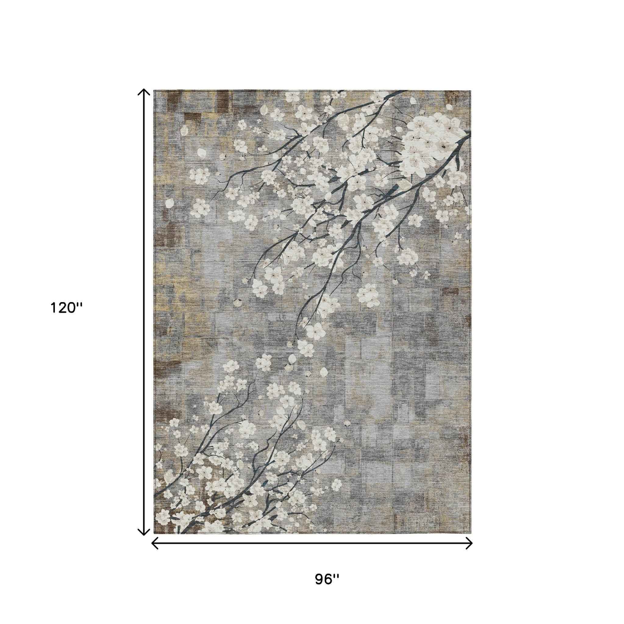 8' X 10' Gray Ivory And Silver Floral Washable Indoor Outdoor Area Rug