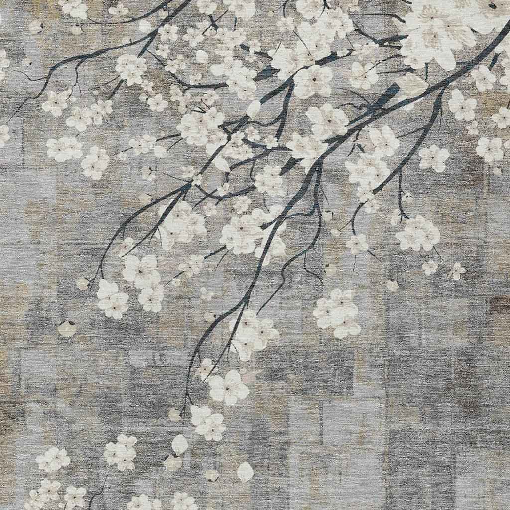 8' X 10' Gray Ivory And Silver Floral Washable Indoor Outdoor Area Rug