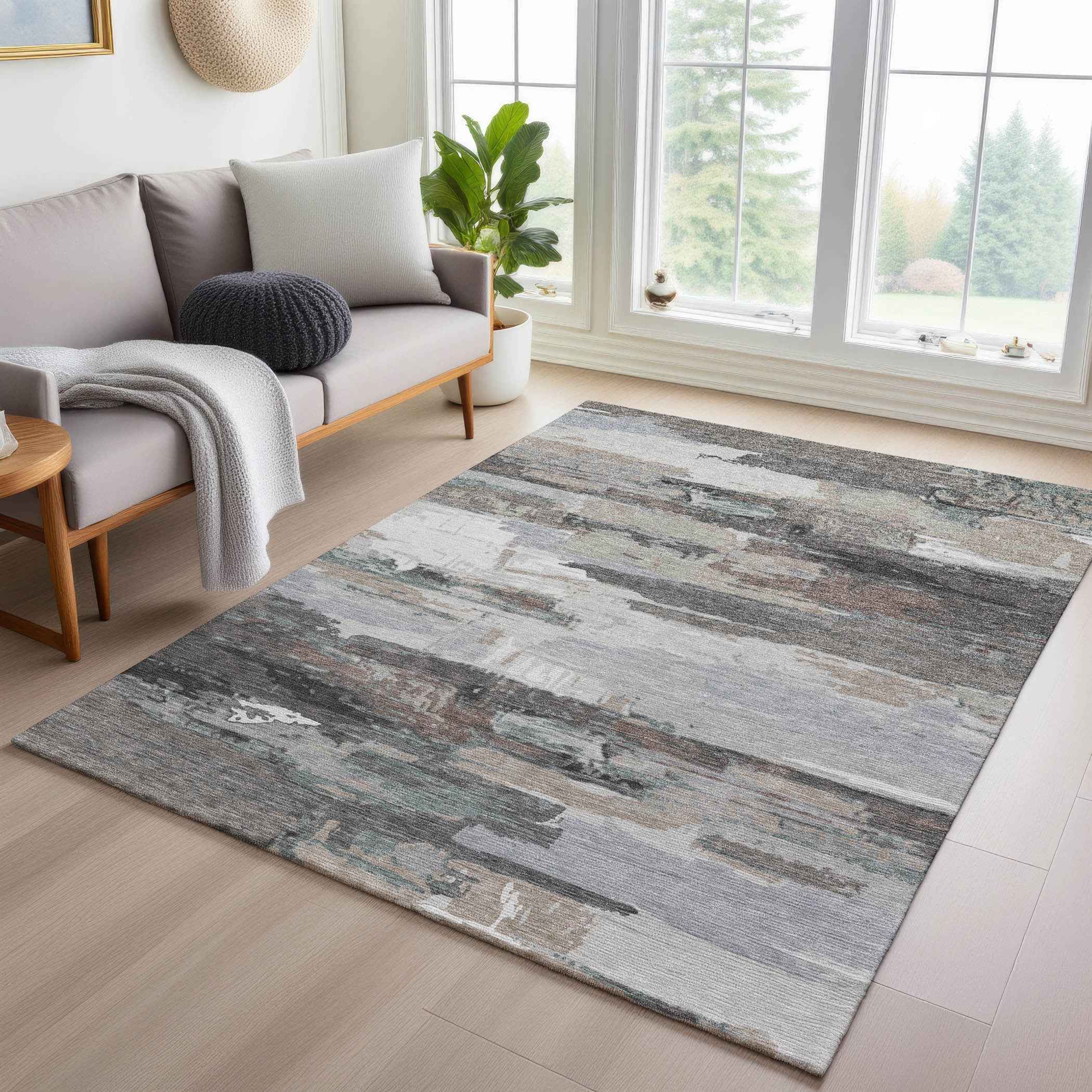 8' X 10' Taupe Gray And Silver Abstract Washable Indoor Outdoor Area Rug