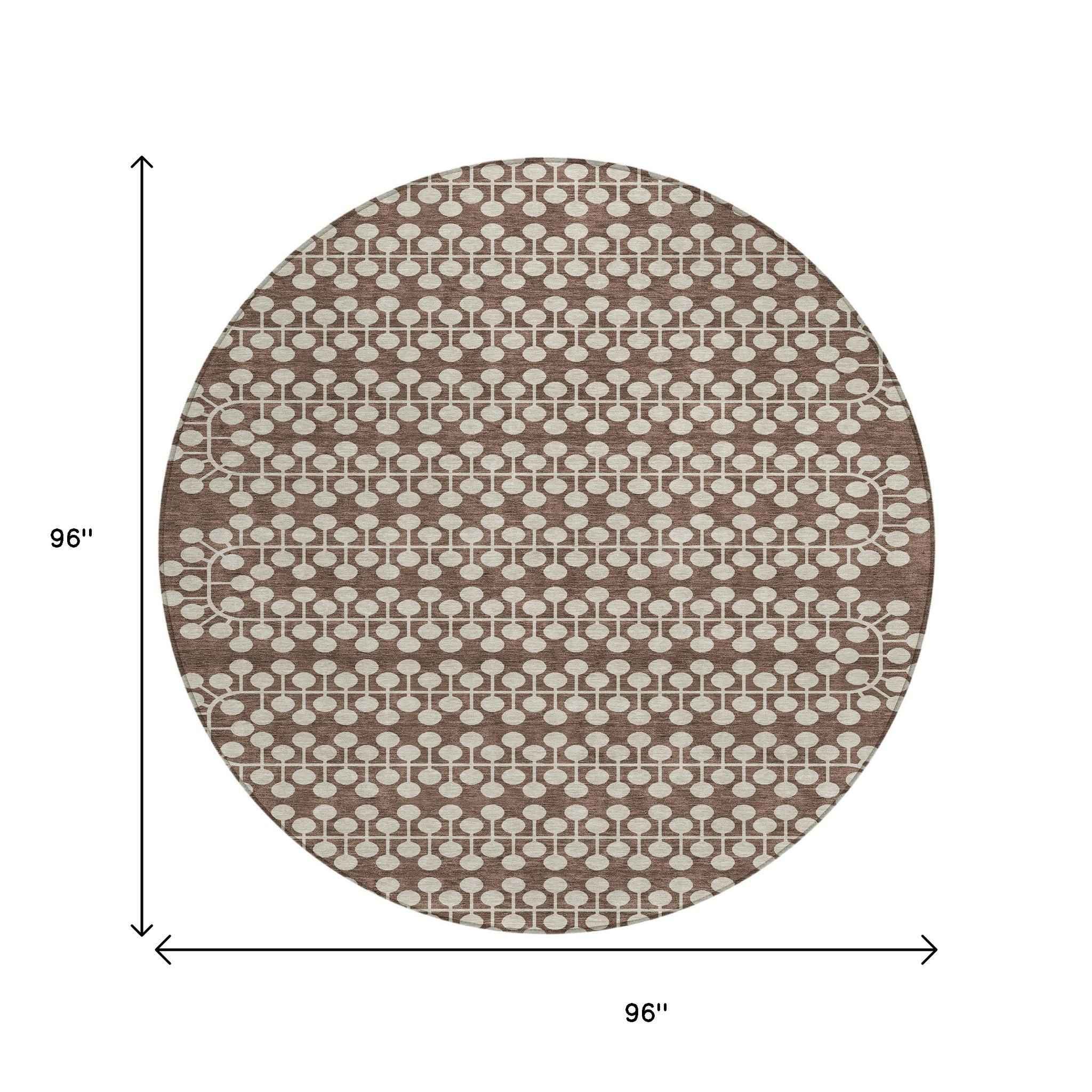 8' Brown And Ivory Round Geometric Washable Indoor Outdoor Area Rug