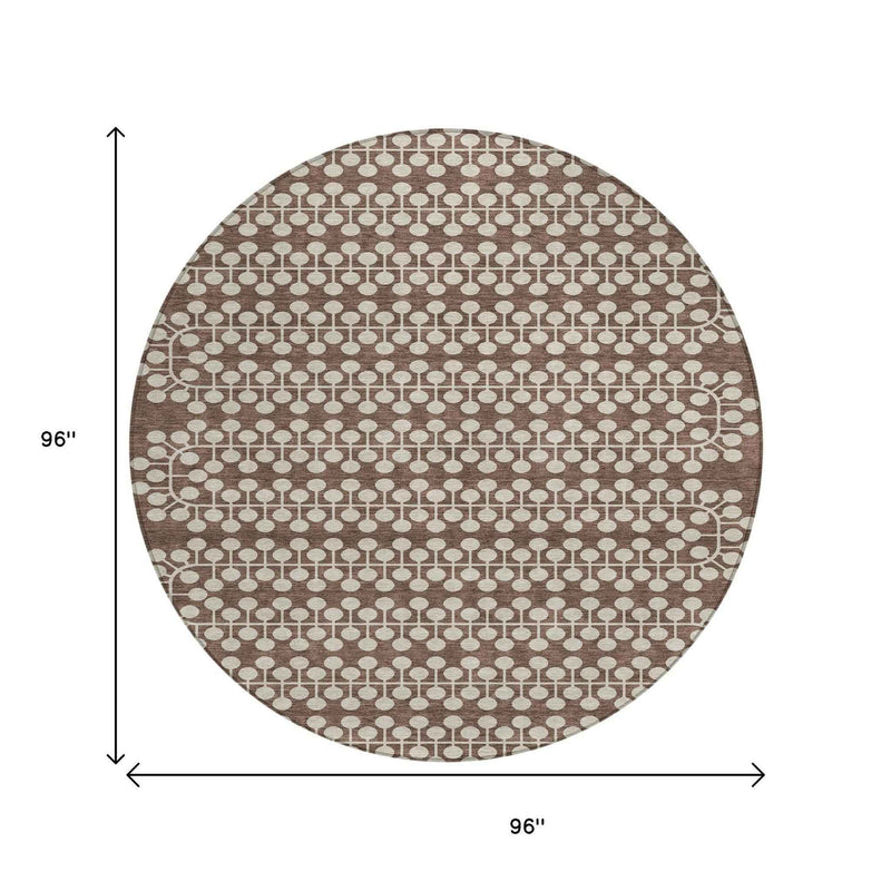 8' Brown And Ivory Round Geometric Washable Indoor Outdoor Area Rug